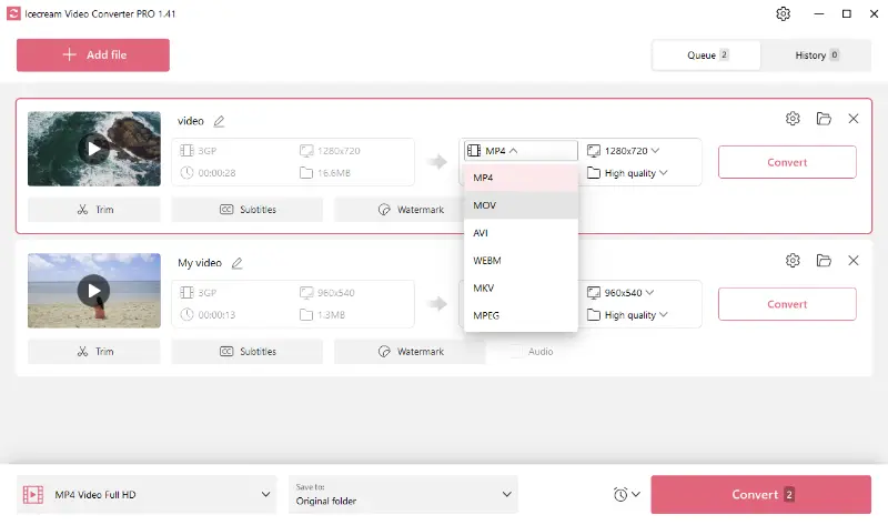 Выбор выходного формата в Icecream Video Converter