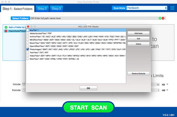 Выбор маски файлов для поиска дубликатов фотографий в Easy Duplicate Finder