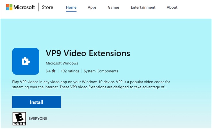 Интерфейс Microsoft Store с карточкой VP9 Video Extensions