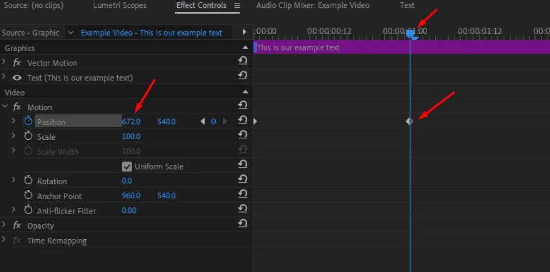 Ключевые кадры движения текстового слоя в Adobe Premiere Pro
