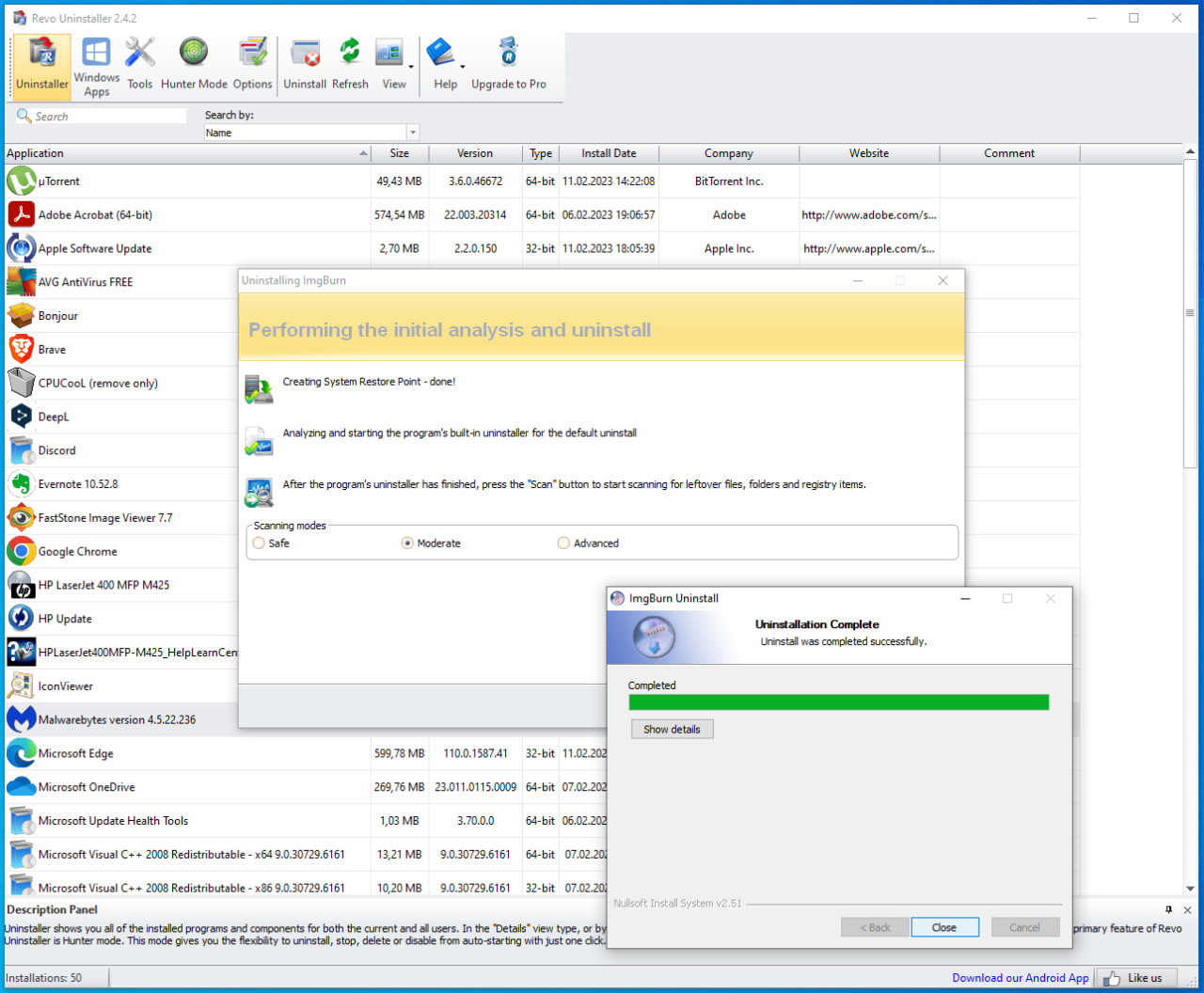 Revo Uninstaller Free: удаление программы и выбор режима поиска остатков