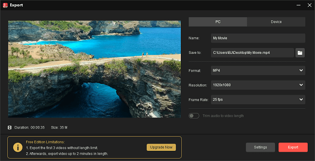 MiniTool MovieMaker: окно экспорта после добавления снега