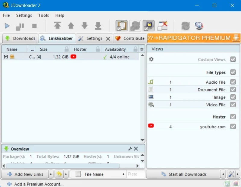 Вкладка LinkGrabber в JDownloader 2 со списком обнаруженных файлов