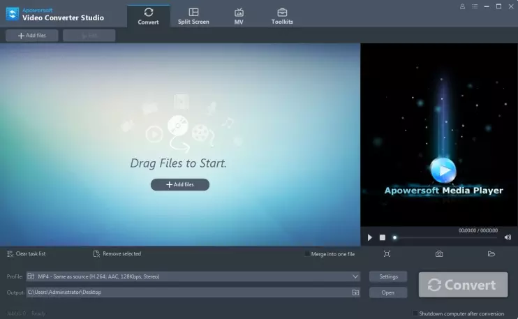 Главное окно Apowersoft Video Converter Studio с вкладками Convert, Split Screen, MV и Toolkits