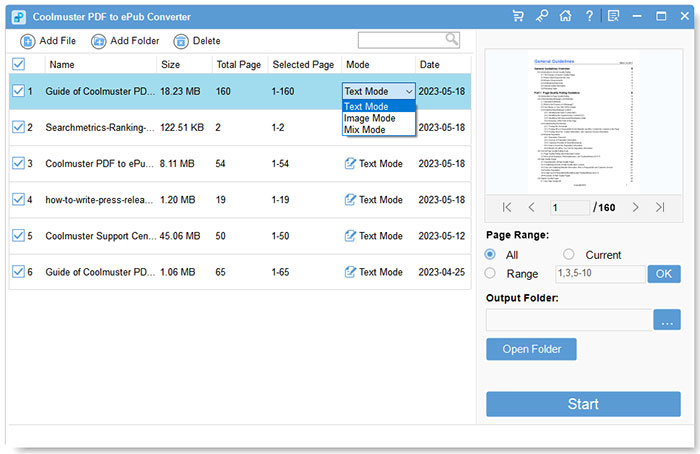 Выбор режима Text, Image или Mix Mode в Coolmuster PDF to ePub Converter
