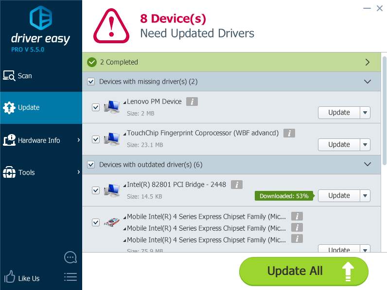 Список найденных драйверов в Driver Easy