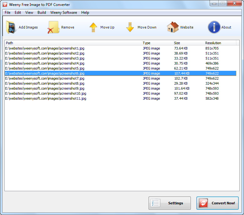 Главное окно Weeny Free Image to PDF Converter со списком изображений и кнопками Move Up и Move Down
