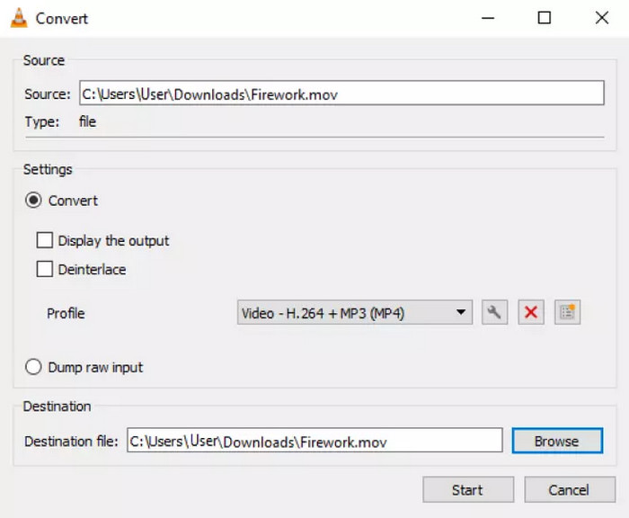 Окно профиля и назначения в VLC Media Player