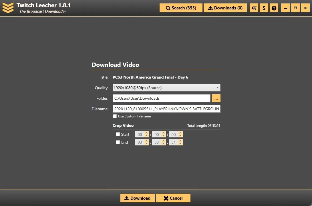 Окно Download Video в Twitch Leecher: выбор Quality, Folder, Filename и Crop Video