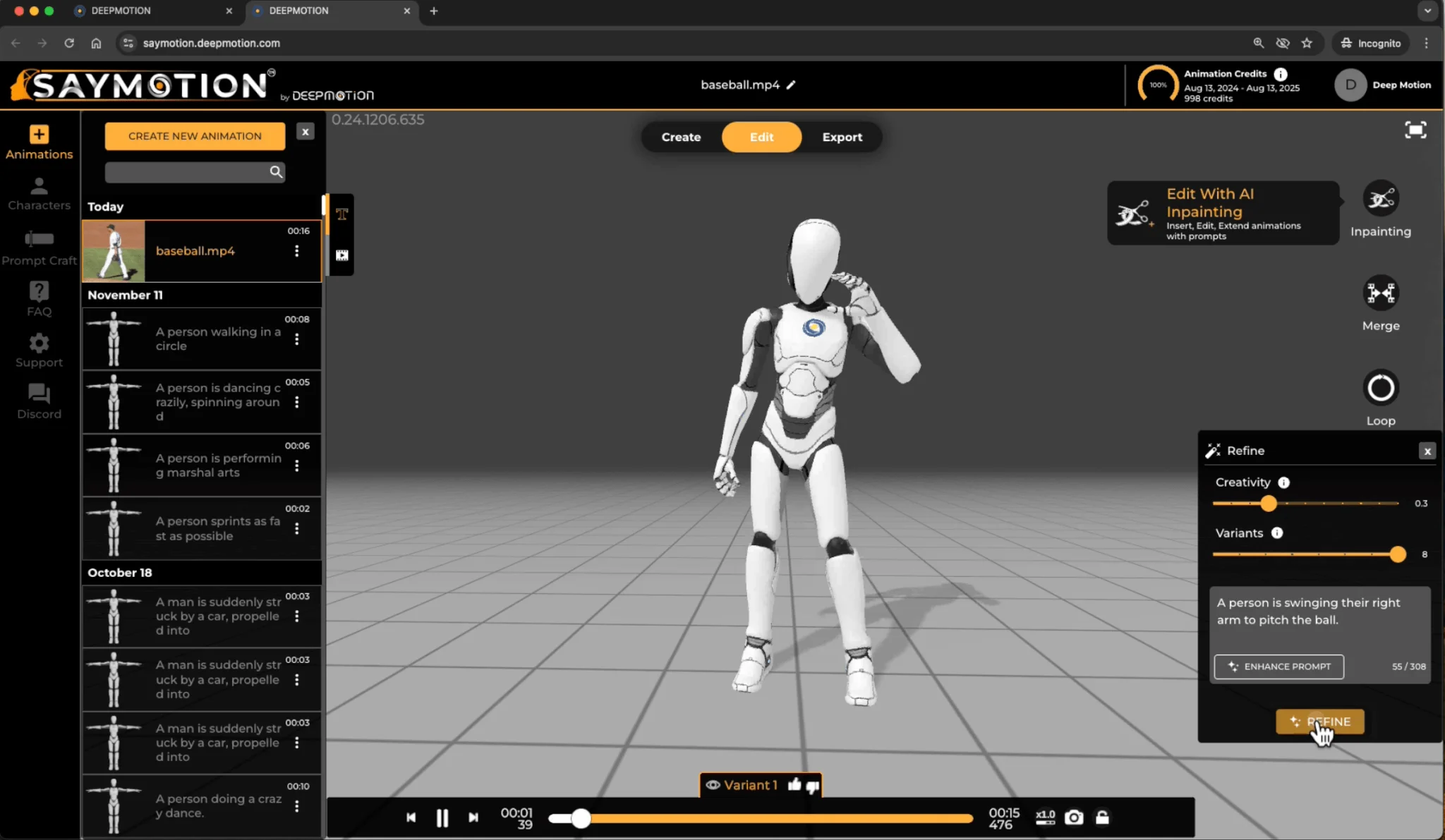 Интерфейс DeepMotion