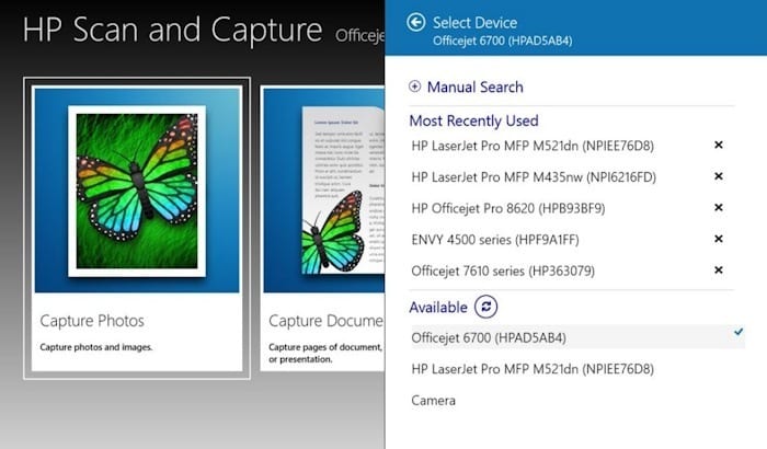Окно Select Device в HP Scan and Capture со списком HP-устройств и Camera