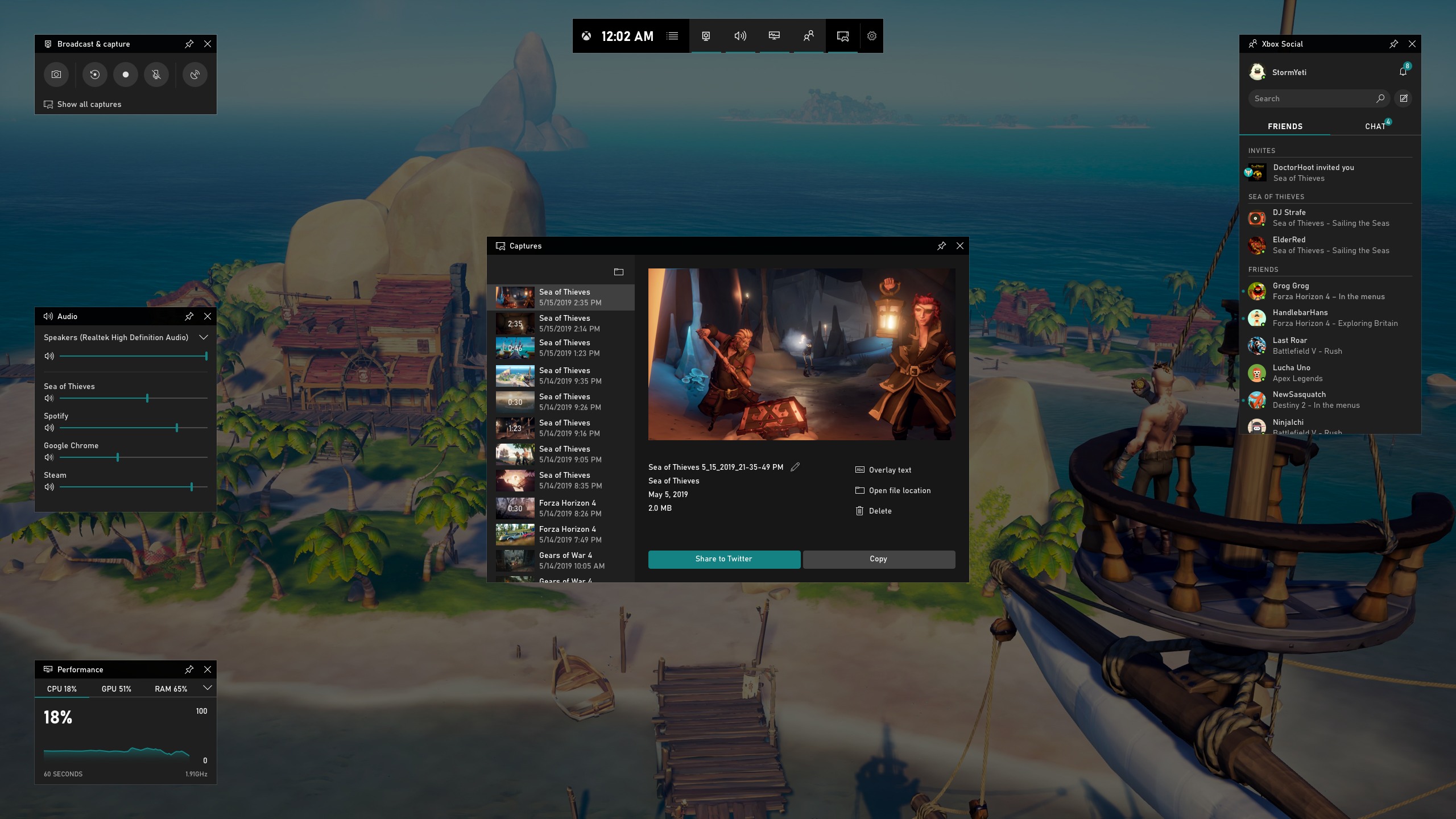 Галерея Xbox Game Bar с сохранёнными клипами и скриншотами