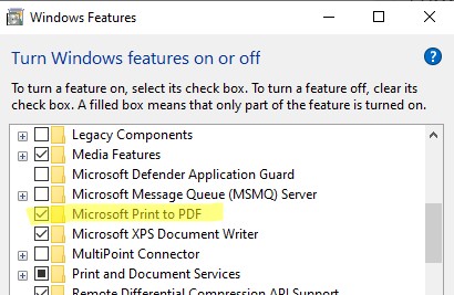 Компонент Microsoft Print to PDF в Windows Features