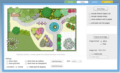 Вкладка preview в Garden Planner с настройками Print Plan, Export as image, Image format JPEG/PNG и опциями вывода списка растений