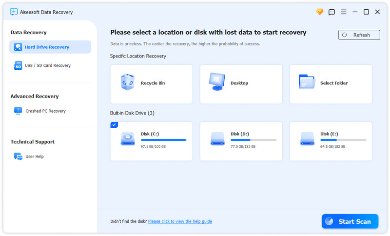Выбор расположения и диска в Aiseesoft Data Recovery для Windows
