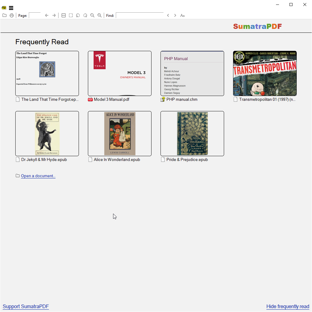 Главное окно Sumatra PDF с домашней страницей Frequently Read и ссылкой Open a document