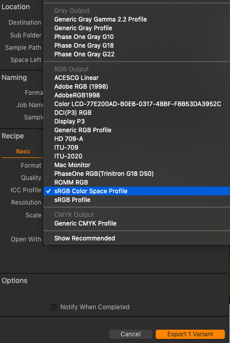 Выбор ICC-профиля sRGB в Capture One