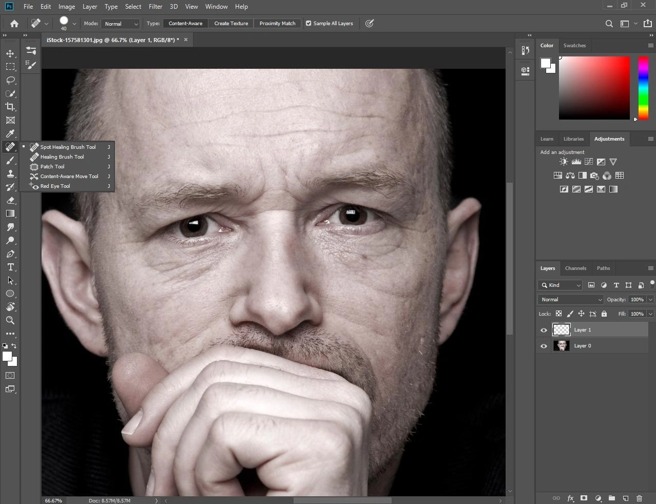 Выбор точечной восстанавливающей кисти в Photoshop