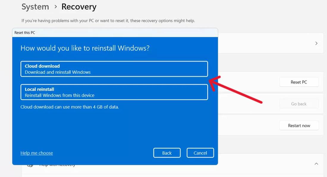 Выбор Cloud download или Local reinstall в мастере сброса Windows 11