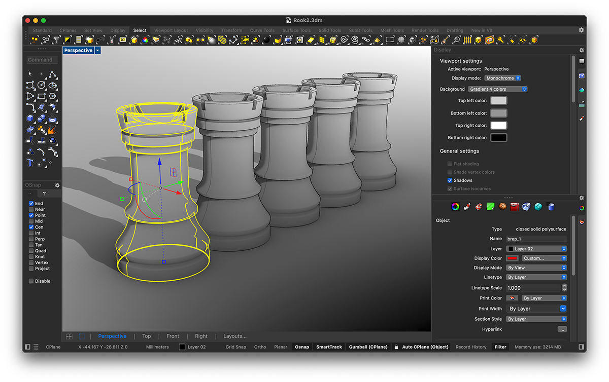Интерфейс Rhino 8 с панелями, инструментами и 3D-моделью