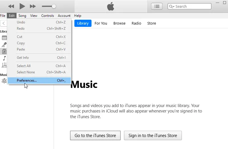 Переход к настройкам iTunes перед конвертацией