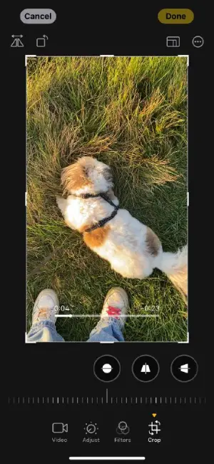 Редактирование видео в приложении Фото на iPhone с инструментами кадрирования и отражения