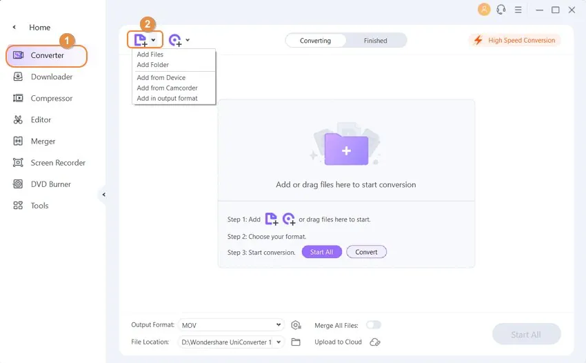 Добавление MP3 в Wondershare UniConverter