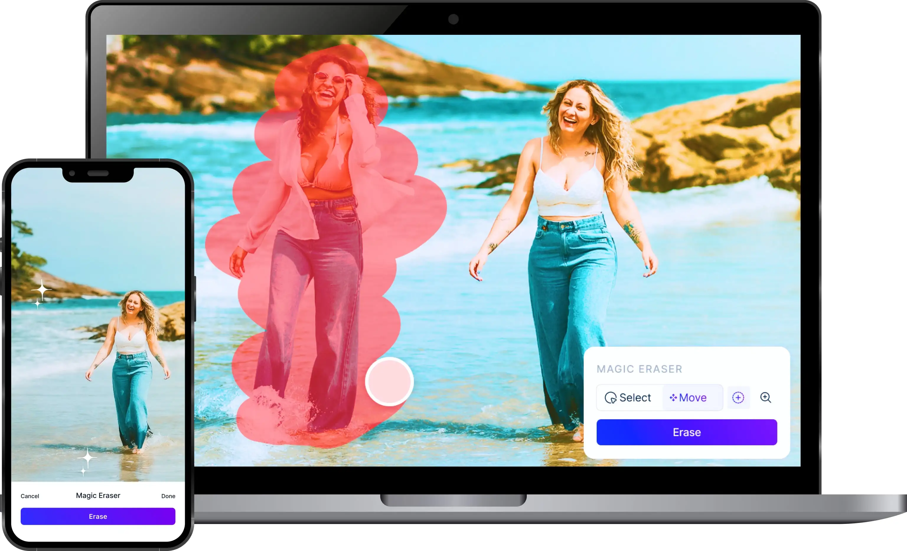 Интерфейс Magic Studio с инструментом Magic Eraser на ноутбуке и смартфоне