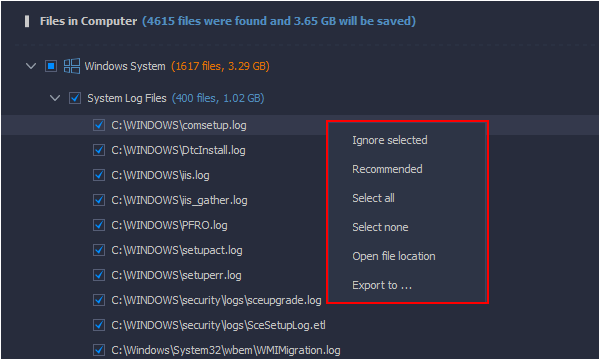 Контекстное меню результата Common Cleaner в Wise Disk Cleaner
