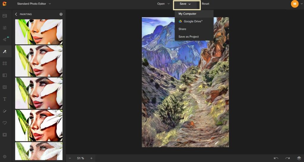 Меню Save в Colorcinch с вариантами My Computer, Google Drive, Share и Save as Project