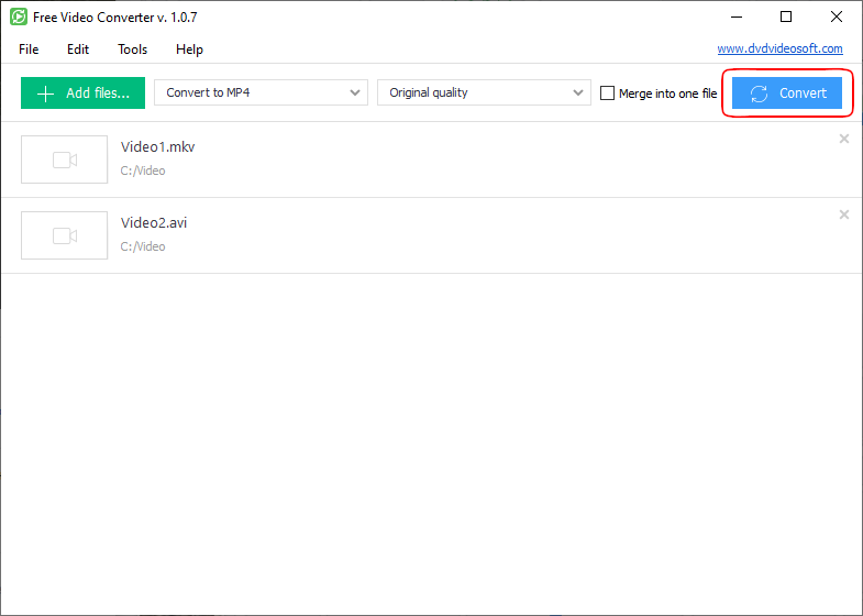 Кнопка Convert в DVDVideoSoft Free Video Converter перед запуском обработки