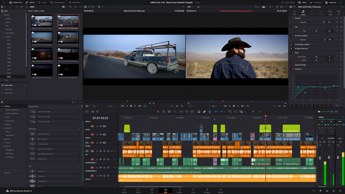 Интерфейс Edit page в DaVinci Resolve с таймлайном, медиапулом, просмотром клипов и Inspector