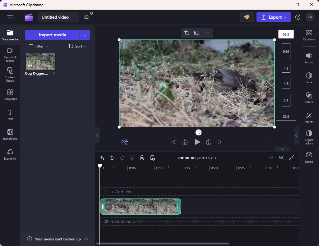 Меню соотношения сторон в Clipchamp