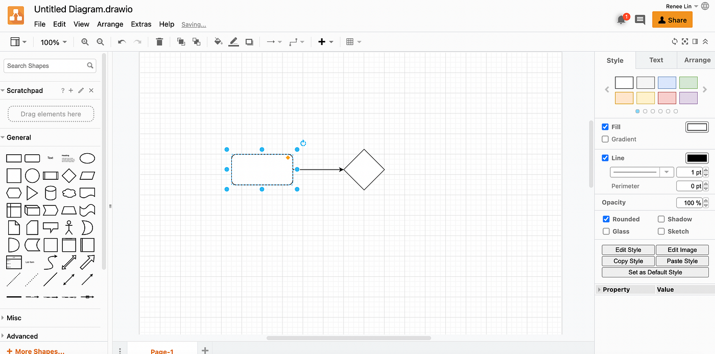 Интерфейс diagrams.net с рабочим холстом и панелью стилей