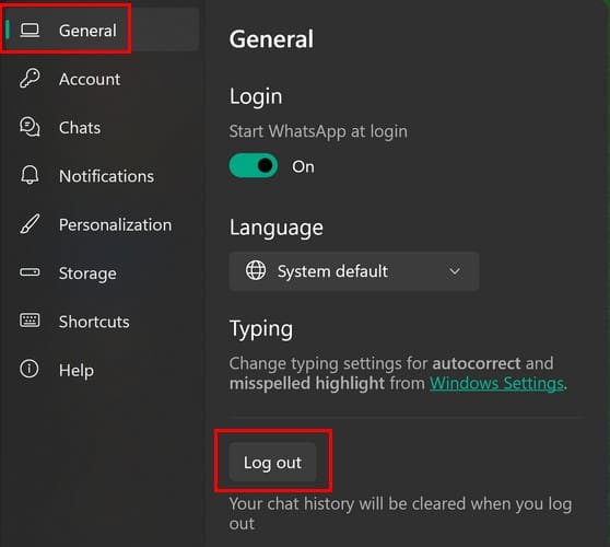 Кнопка Log out в общих настройках WhatsApp Desktop