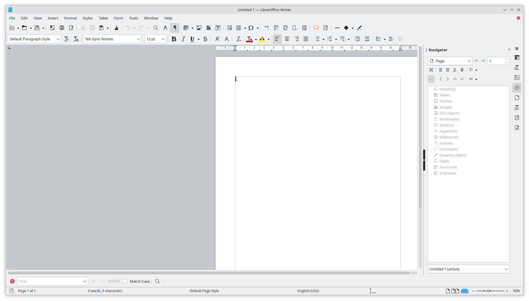LibreOffice Writer: рабочее окно с документом и навигатором структуры