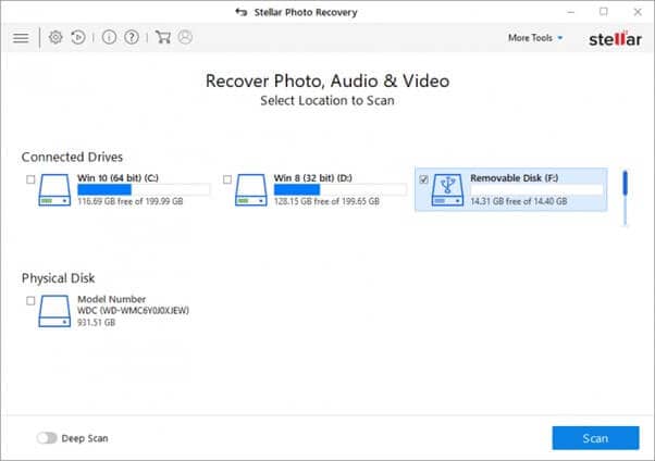 Главное окно Stellar Photo Recovery