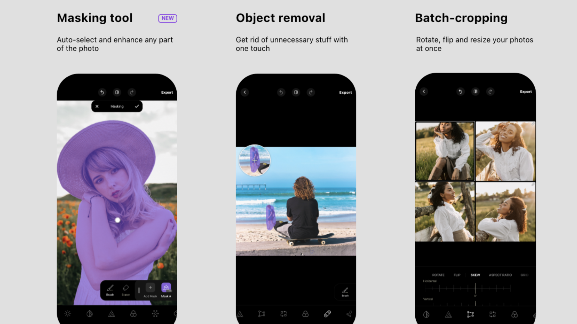 Экран Batched с сеткой выбранных фотографий для пакетной обработки