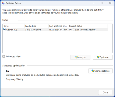 Окно Optimize Drives в Windows 11