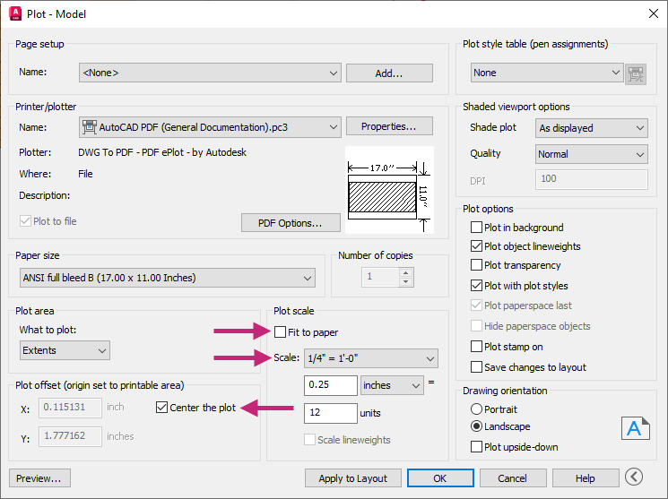 Диалог Plot в AutoCAD с настройкой масштаба и вывода в PDF