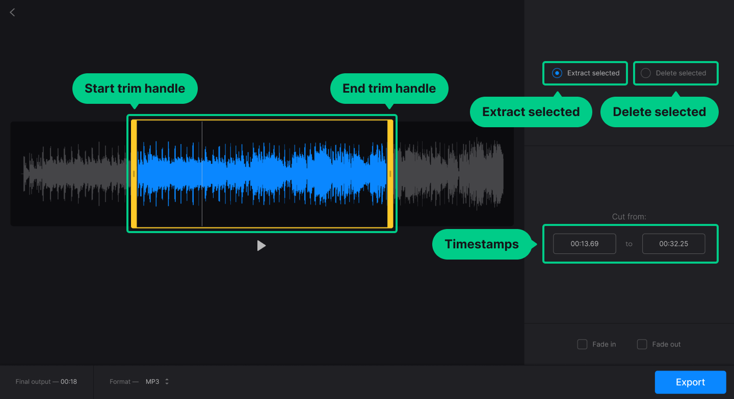 Редактирование диапазона в Clideo Audio Cutter