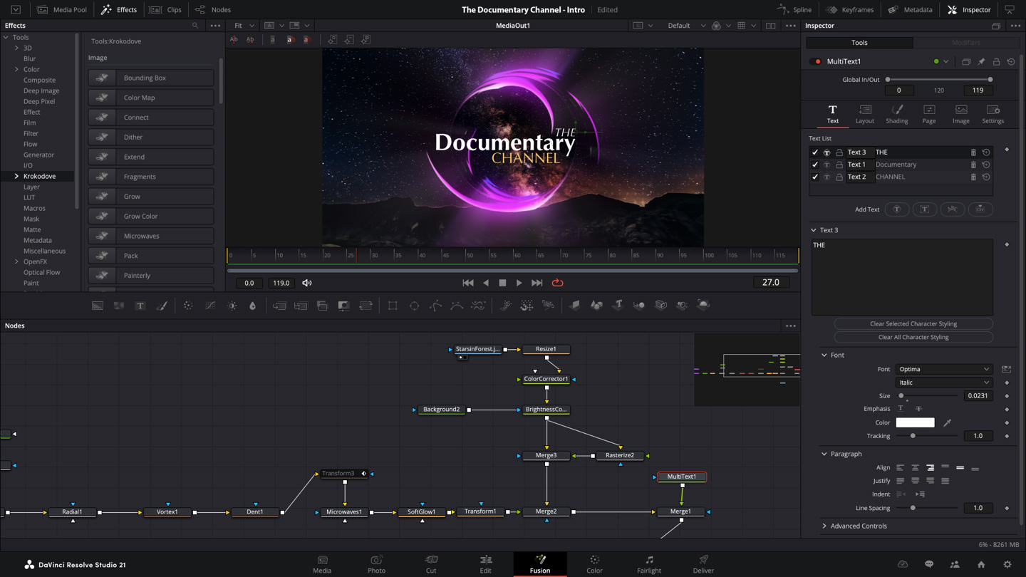 Fusion page в DaVinci Resolve Studio с нодовой схемой, Effects Library, Viewer и Inspector