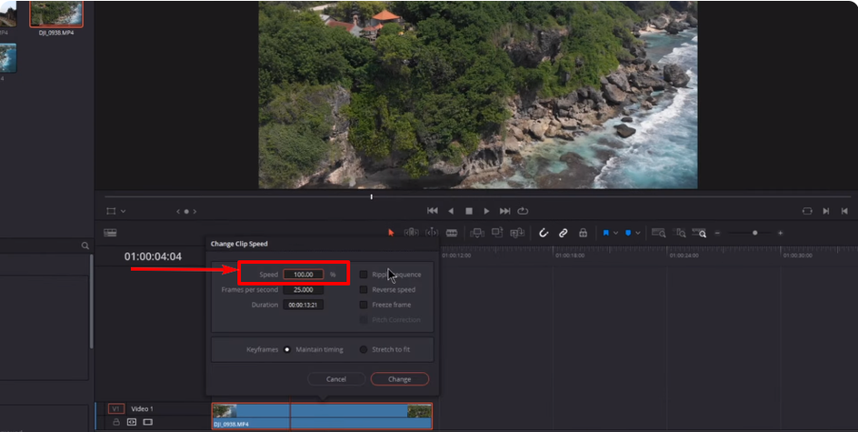 Окно Change Clip Speed в DaVinci Resolve