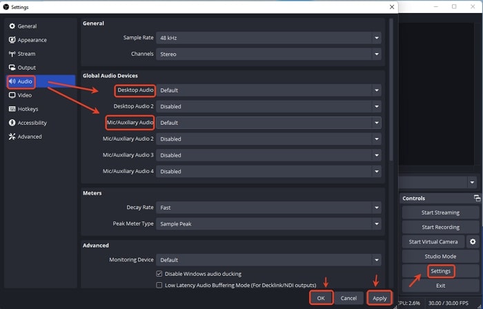Глобальные устройства Desktop Audio и Mic Auxiliary Audio в OBS
