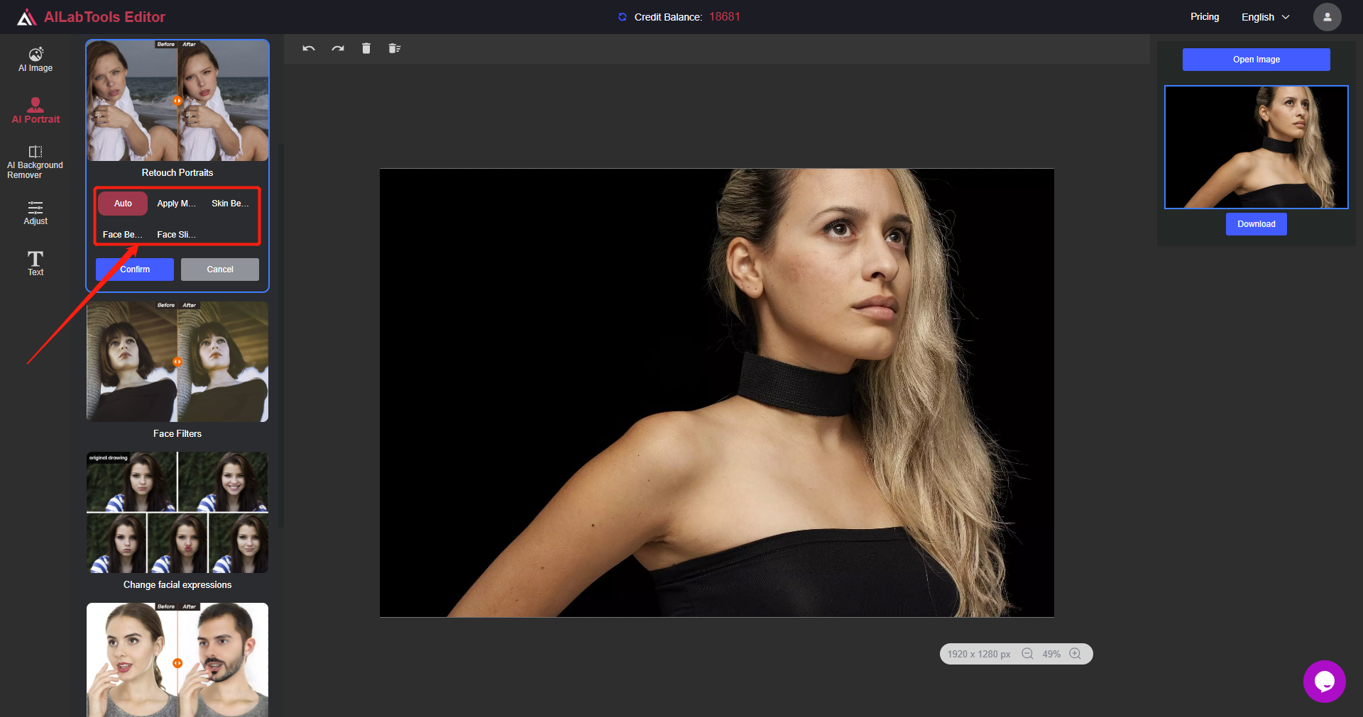 Интерфейс AILabTools Editor с разделом AI Portrait