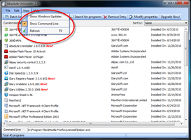 Меню View в Absolute Uninstaller с пунктами Show Windows Updates, Show Command Line и Refresh
