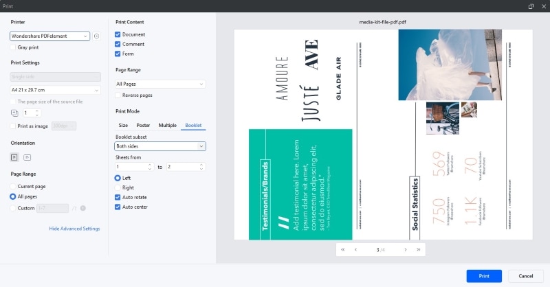 Режим Booklet в окне печати PDFelement