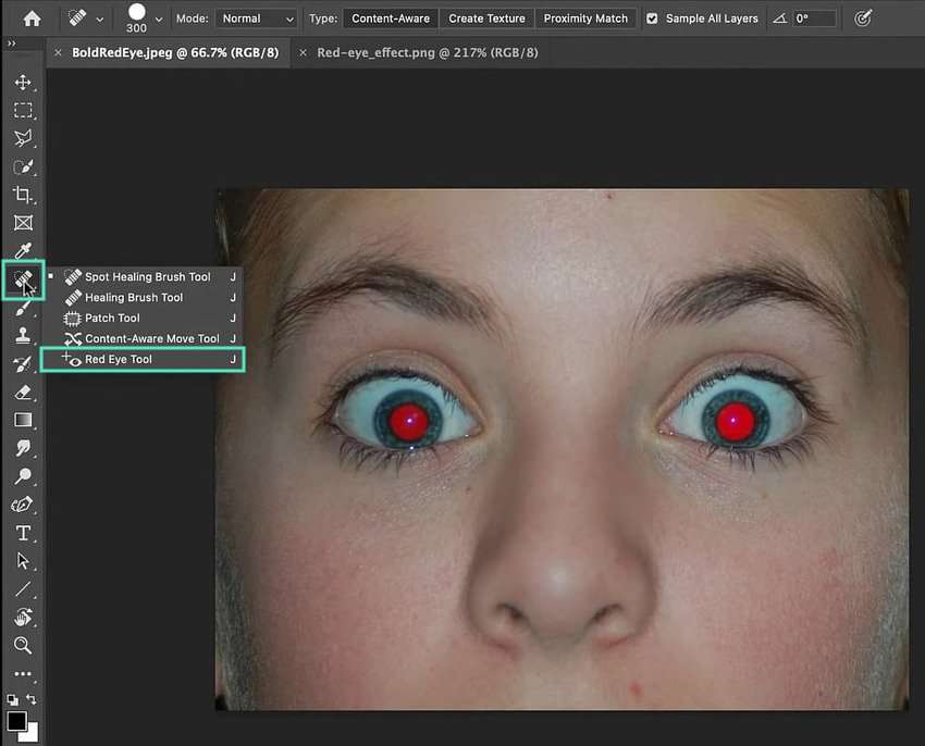 Adobe Photoshop: Red Eye Tool в группе инструментов ретуши
