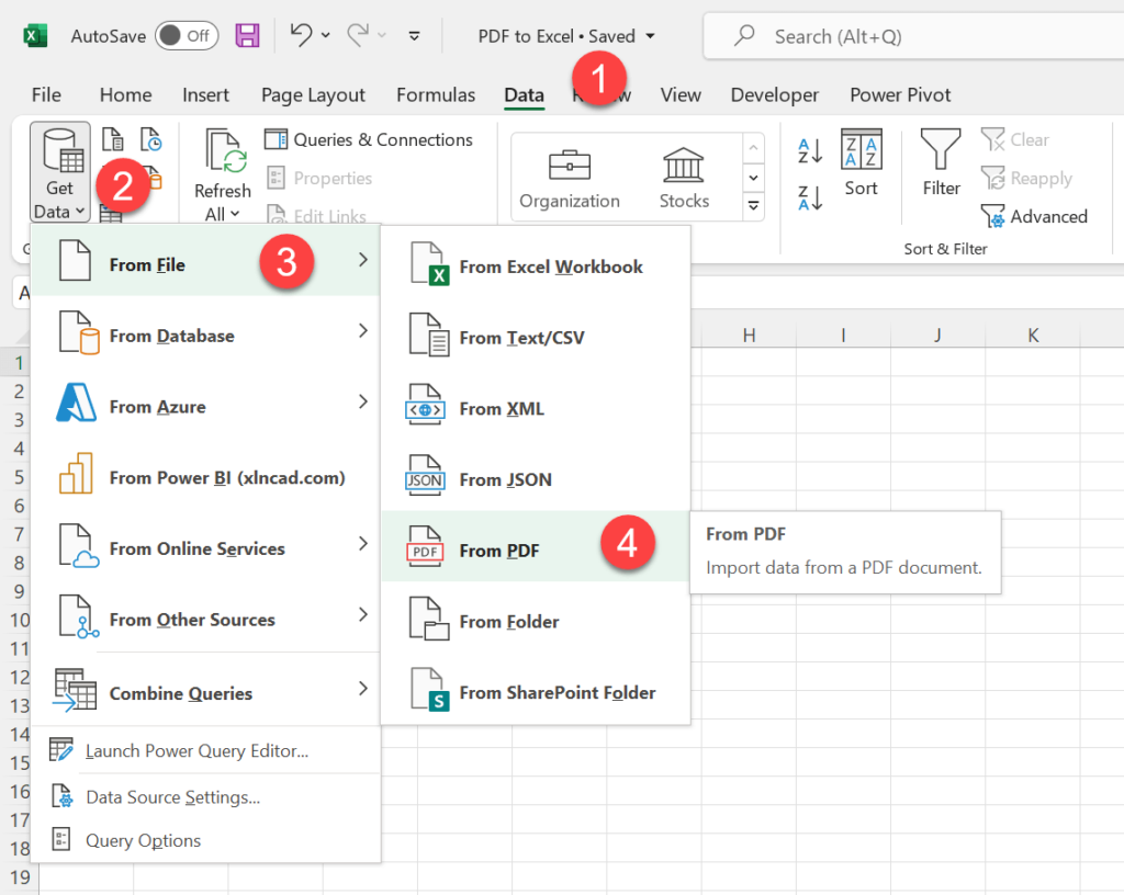 Excel: меню Data, Get Data, From File и команда From PDF