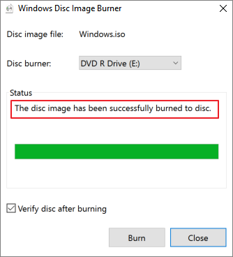 Успешное завершение записи образа в Windows Disc Image Burner